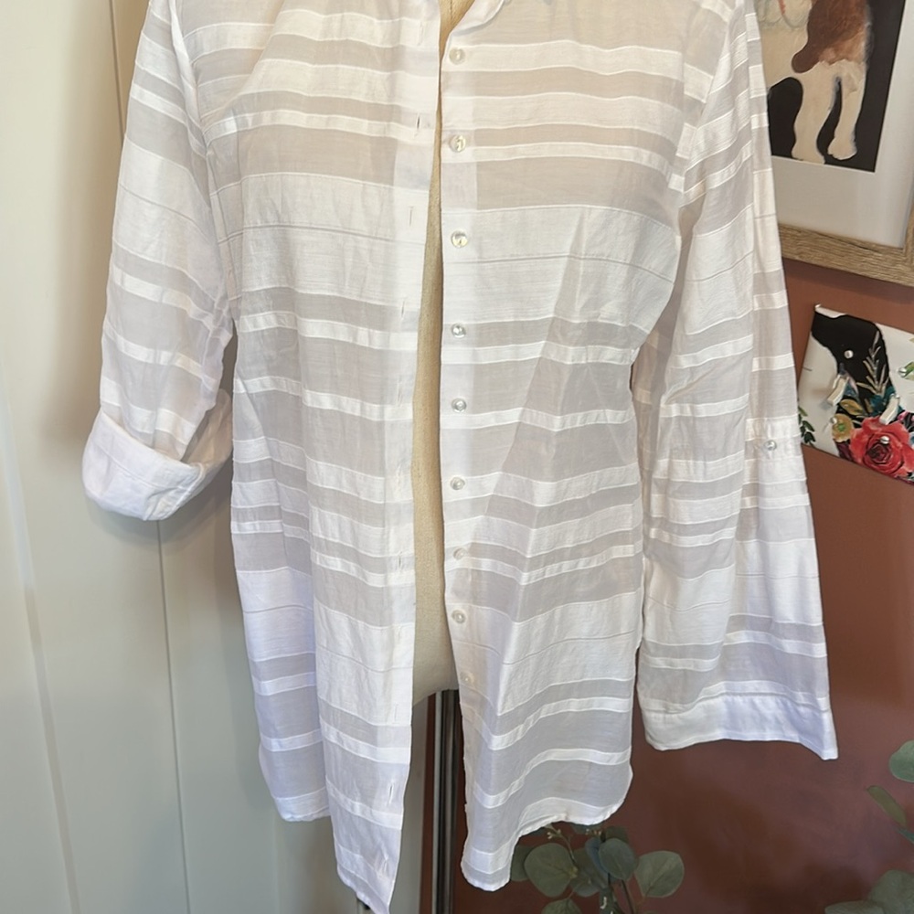 Anne Fontaine Lany White sheer striped pattern Button-Up 10 rolled sleeve Shirt - Picture 3 of 13